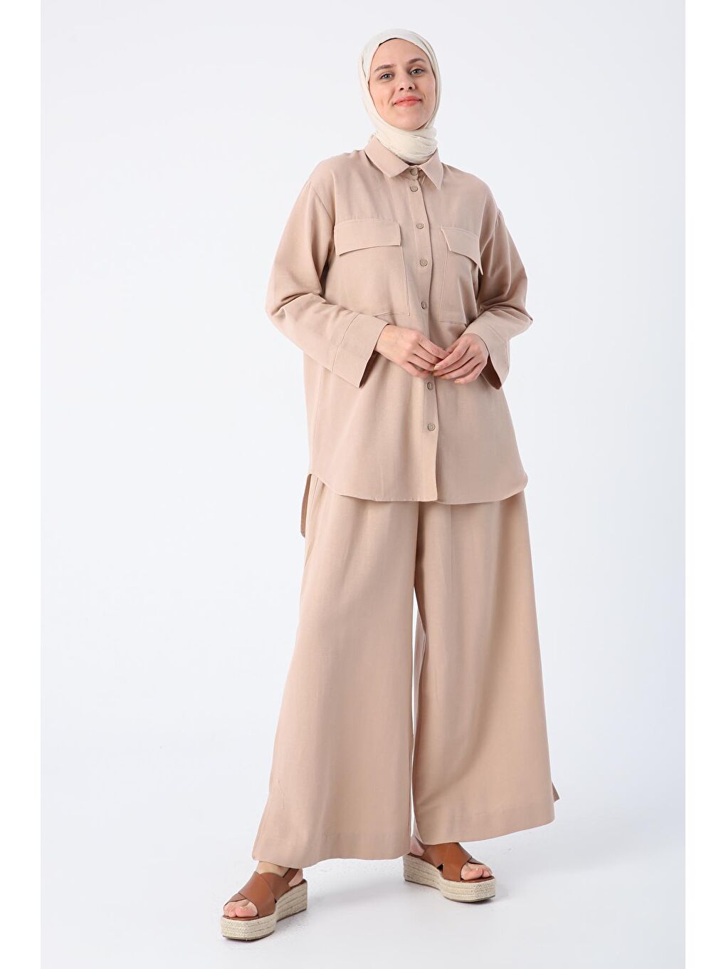 Koyu Bej Keten Gömlek Pantolon Takım-2