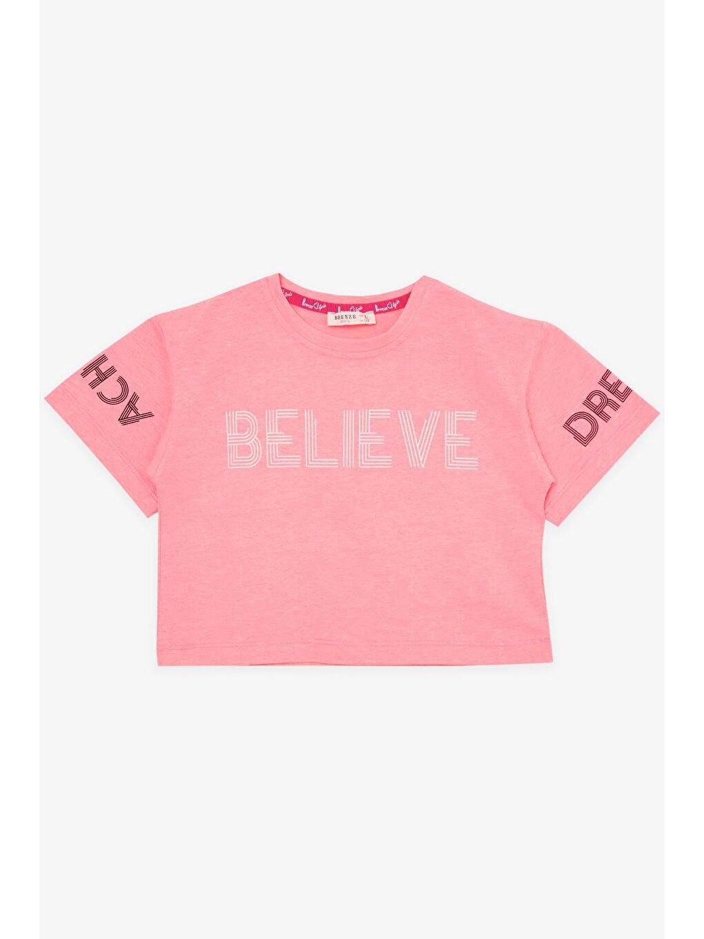 Kız Çocuk Kapri Taytlı Crop Takım Yazı Baskılı Neon Pembe (8-11 Yaş)-2