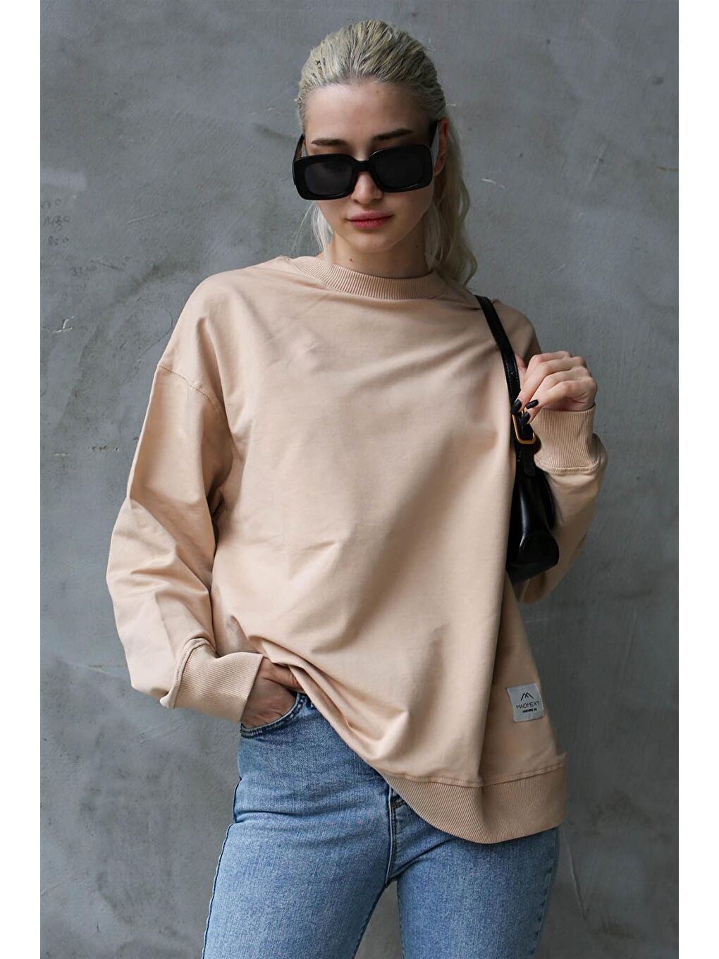 Madmext Bej Basic Oversize Kadın Sweatshirt MG1686 - 2