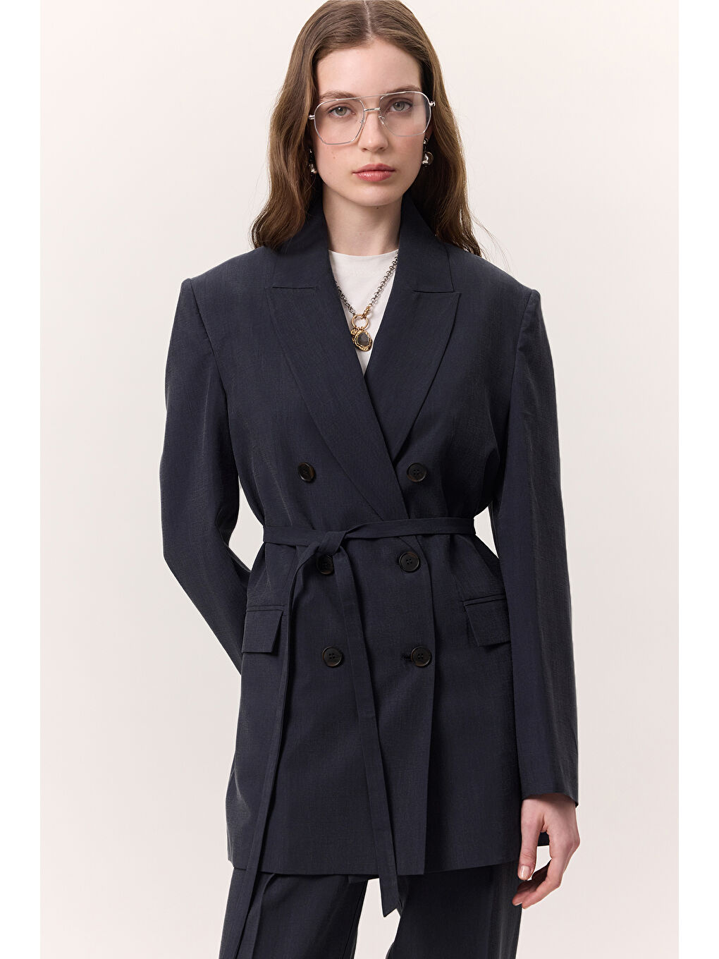 Lyocell Kemerli Kruvaze Blazer Ceket İndigo-1