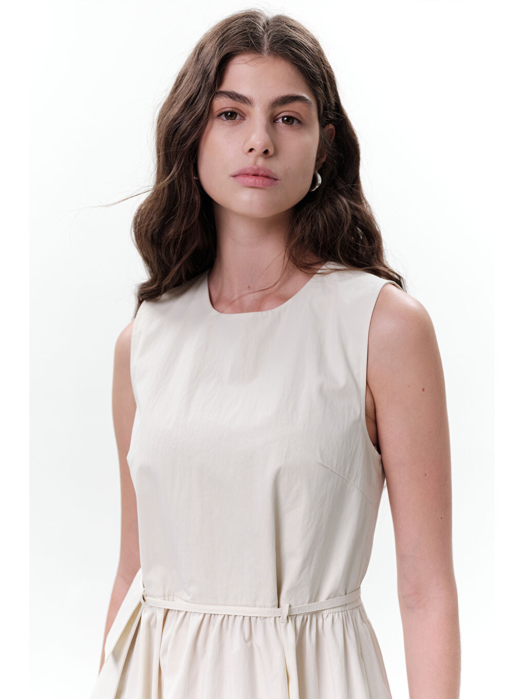 Bej Kemer Detaylı Kolsuz Elbise Taş-3