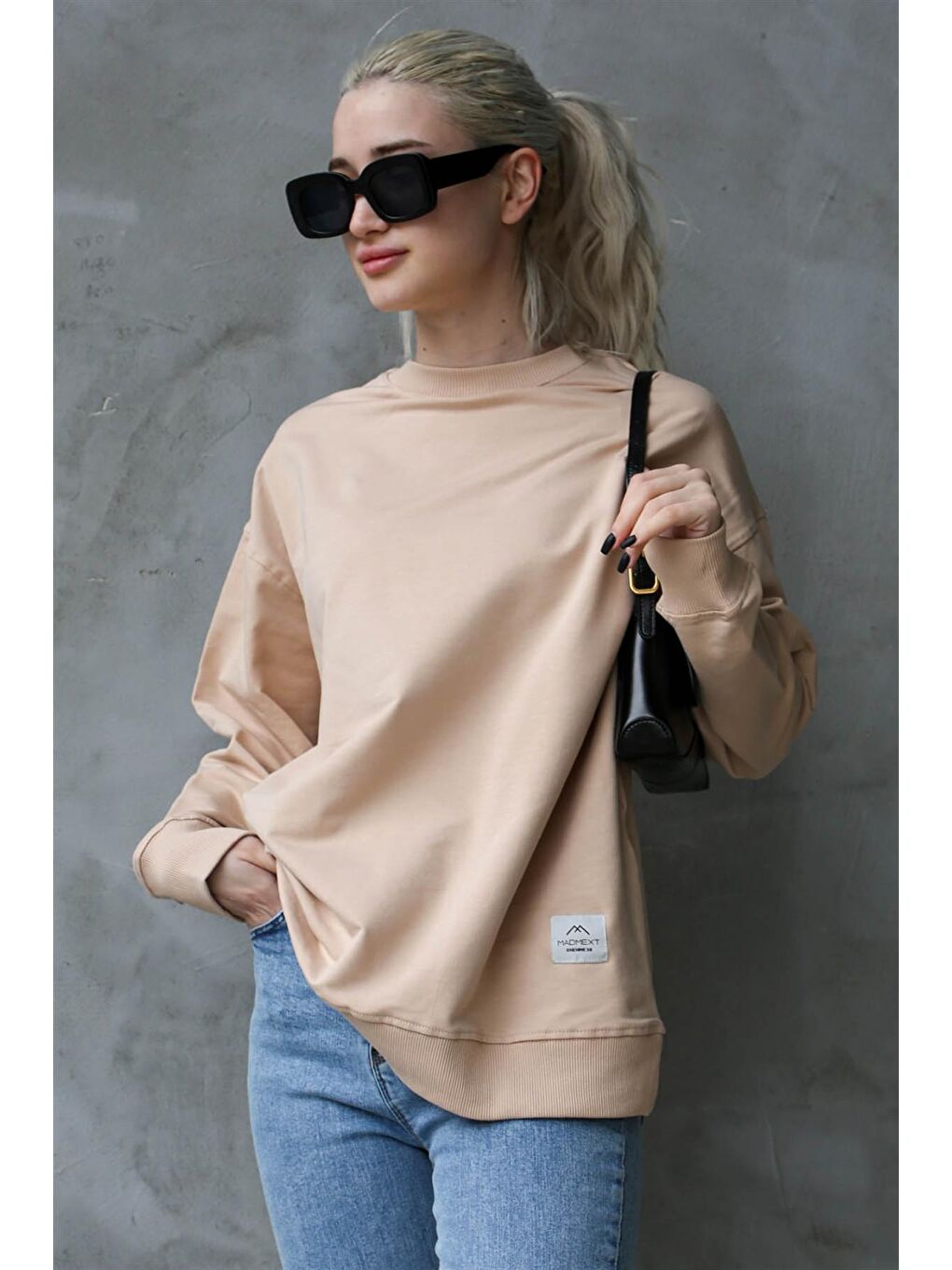 Madmext Bej Basic Oversize Kadın Sweatshirt MG1686 - 3