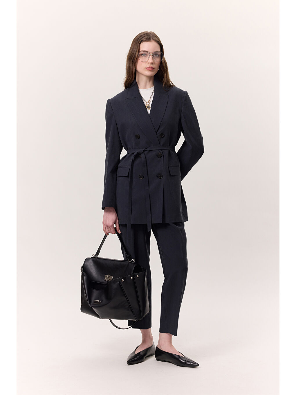 Lyocell Kemerli Kruvaze Blazer Ceket İndigo-2