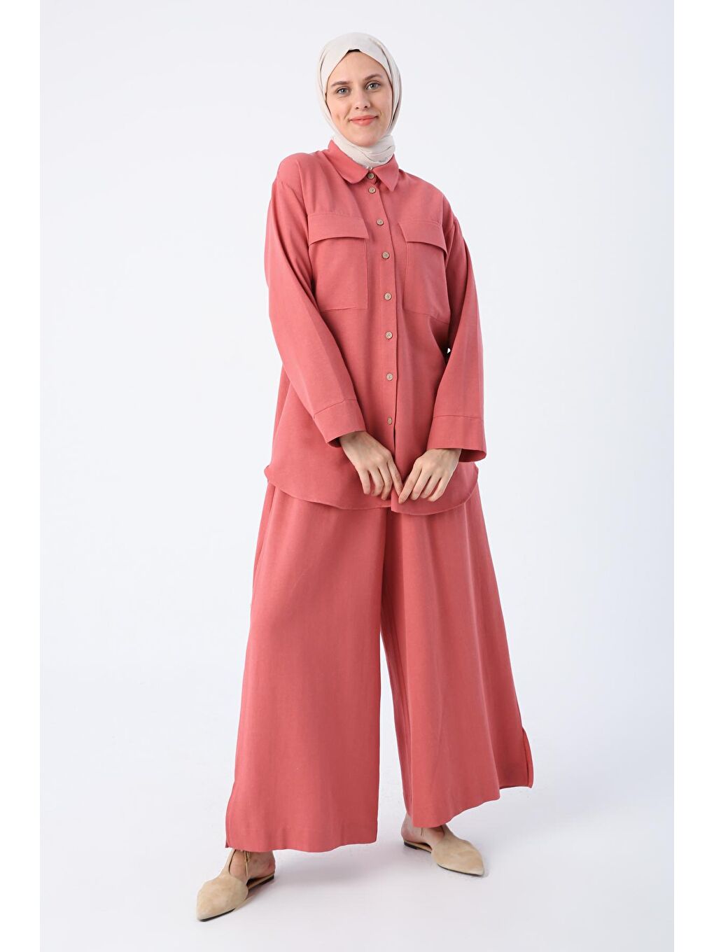 Pembe Gül Kurusu Keten Gömlek Pantolon Takım