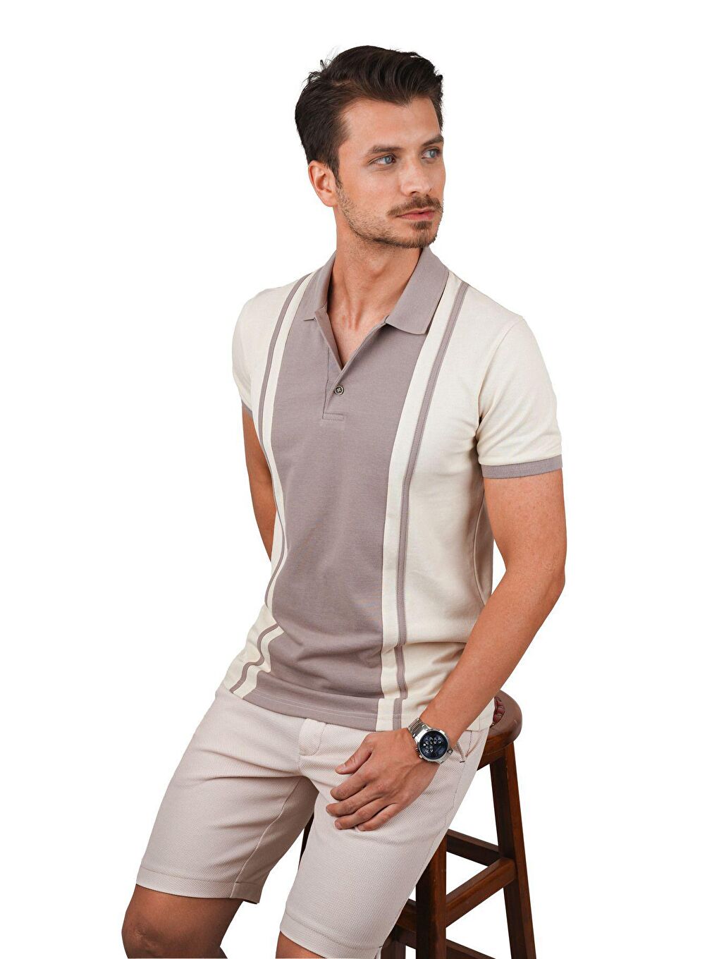 Bej Vizon Çift Renkli Polo Yaka Tişört-1