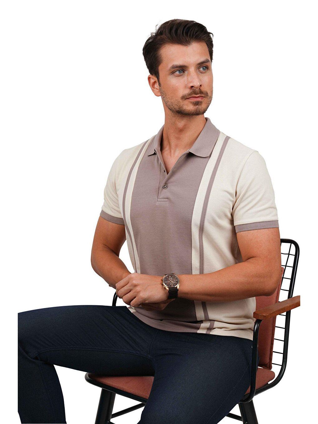 Bej Vizon Çift Renkli Polo Yaka Tişört-3