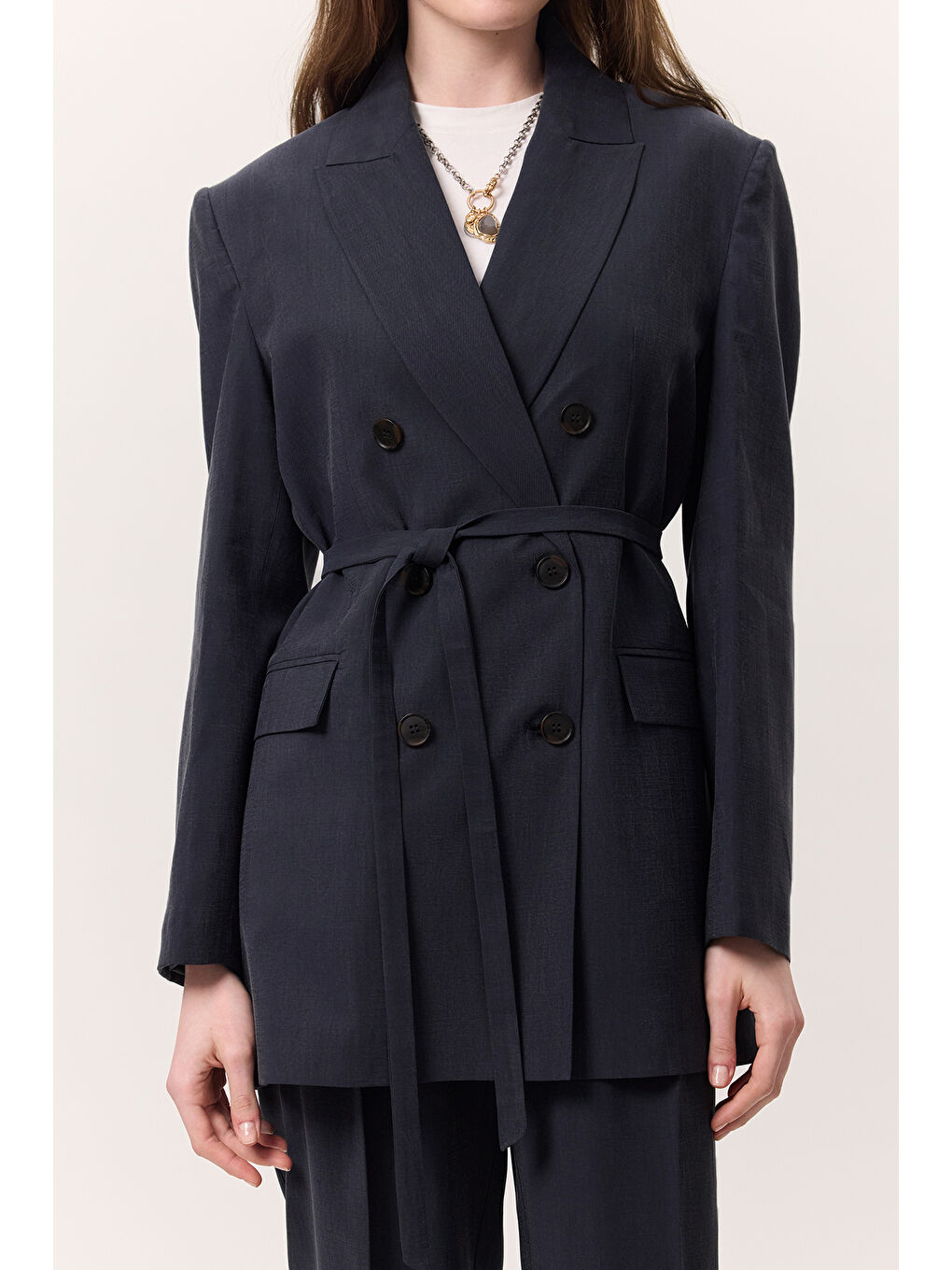 Lyocell Kemerli Kruvaze Blazer Ceket İndigo-3