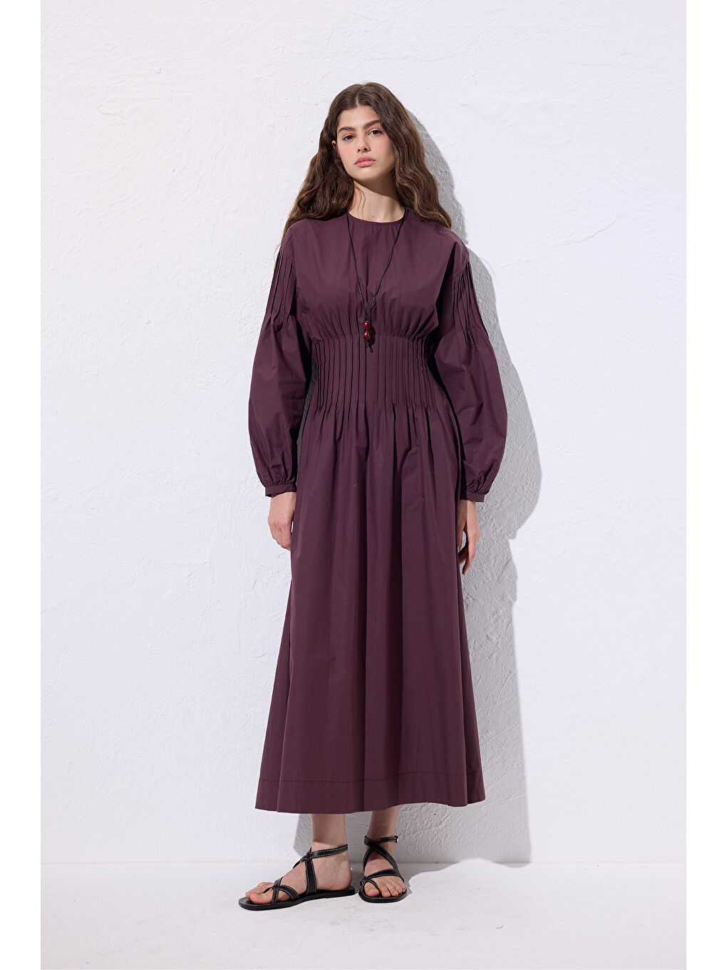 Beli Pile Detaylı Elbise Mürdüm