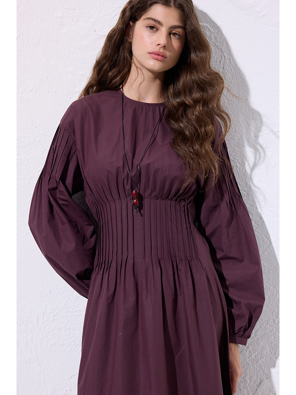 Beli Pile Detaylı Elbise Mürdüm-1