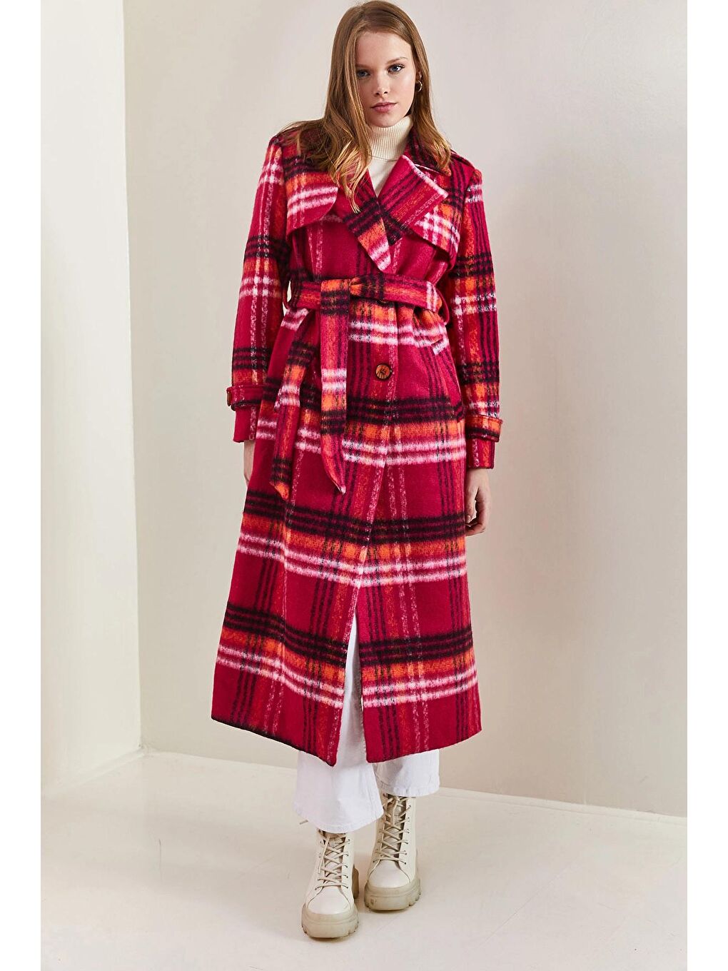 Fuşya Kadın Ekose Desenli Apoletli Kaban-2