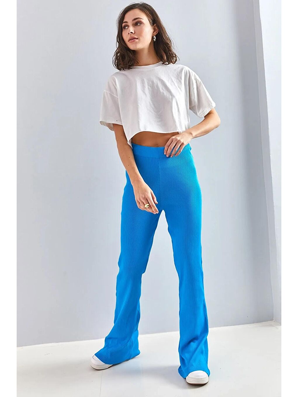 Mavi Kadın Fitilli Yüksek Bel Bol Paça Triko Pantolon-1