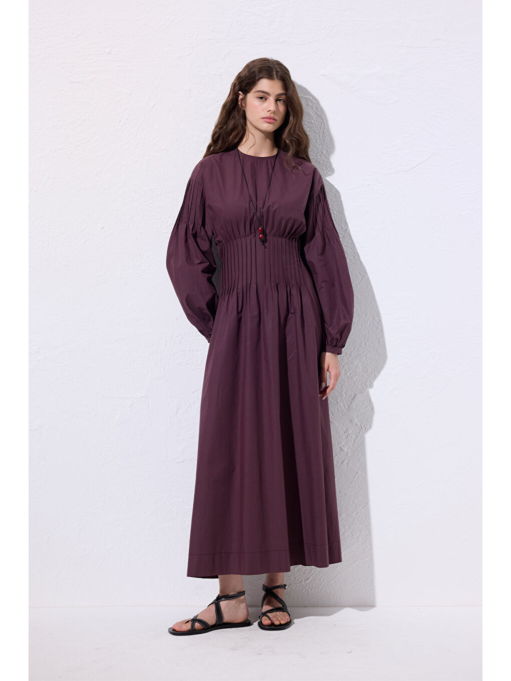 Beli Pile Detaylı Elbise Mürdüm-2