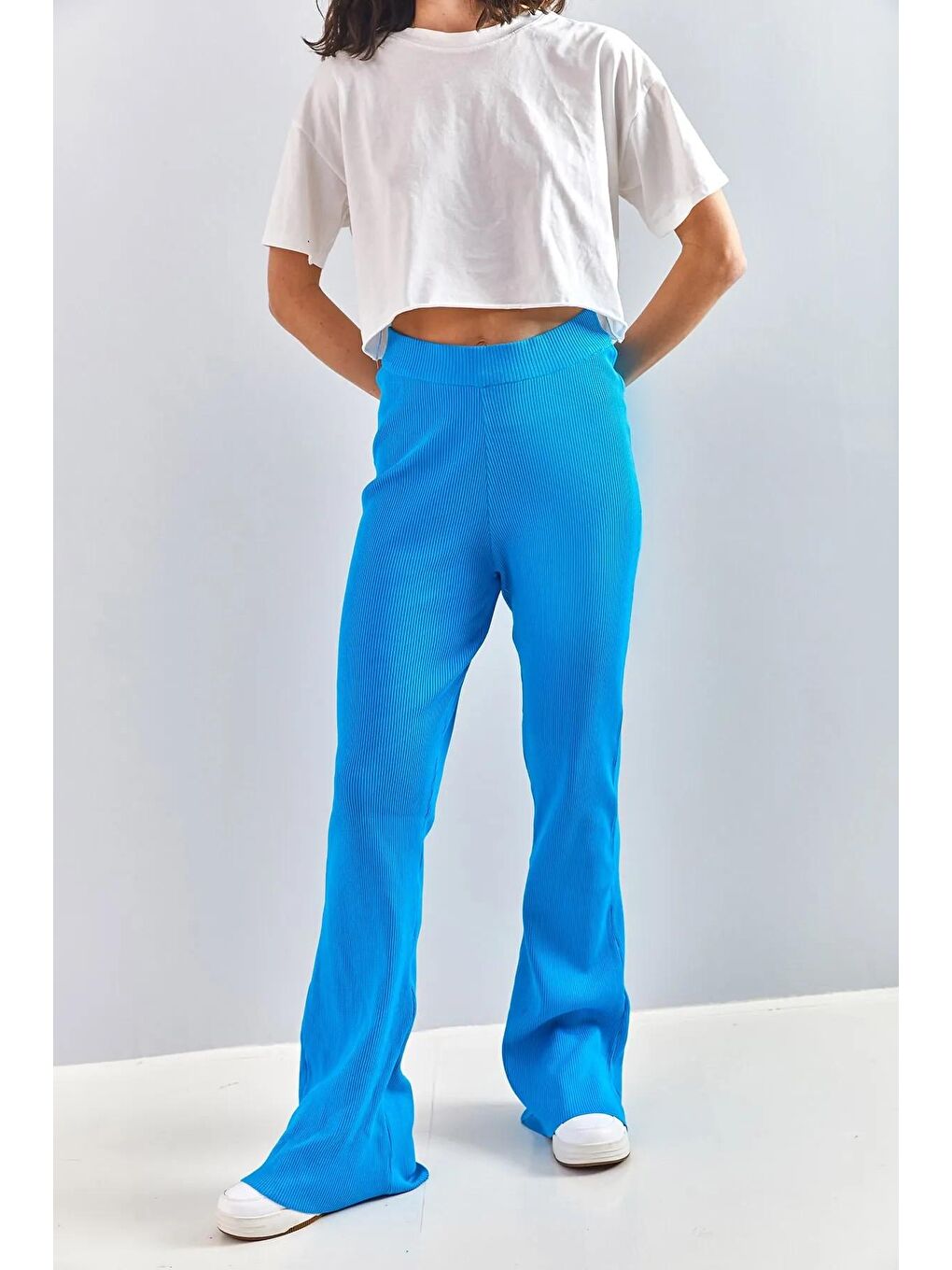 Mavi Kadın Fitilli Yüksek Bel Bol Paça Triko Pantolon-2