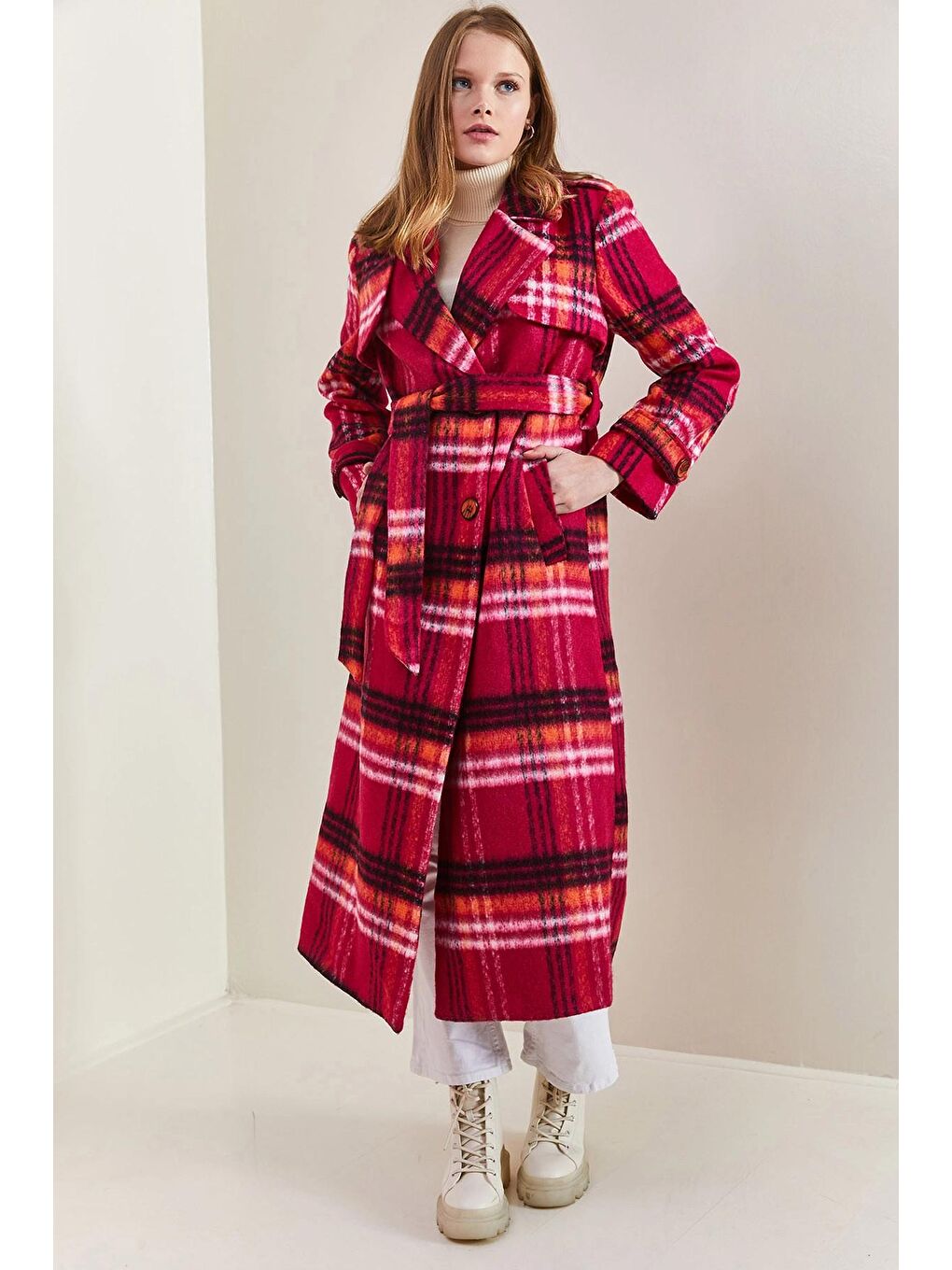 Fuşya Kadın Ekose Desenli Apoletli Kaban-3