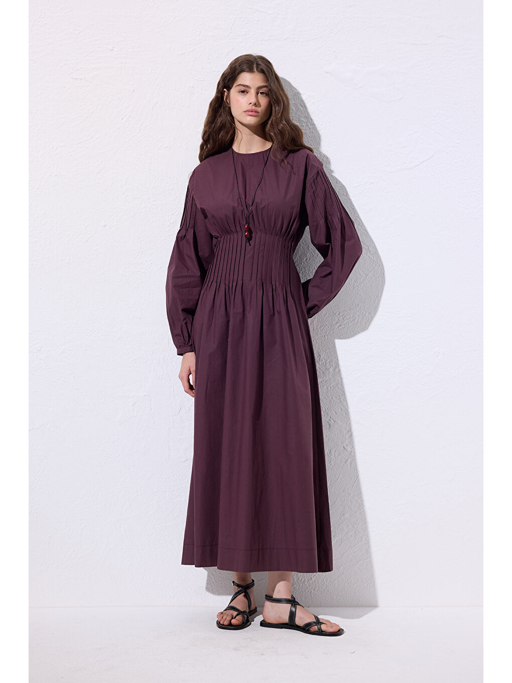 Beli Pile Detaylı Elbise Mürdüm-3