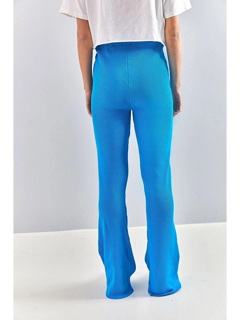 Mavi Kadın Fitilli Yüksek Bel Bol Paça Triko Pantolon-3