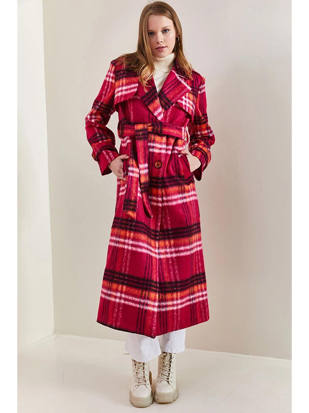 Fuşya Kadın Ekose Desenli Apoletli Kaban-4