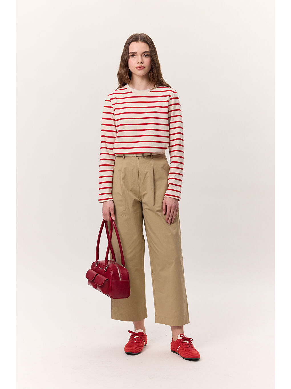 Çizgili Uzun Kol Regular Fit Tshırt Kırmızı-1