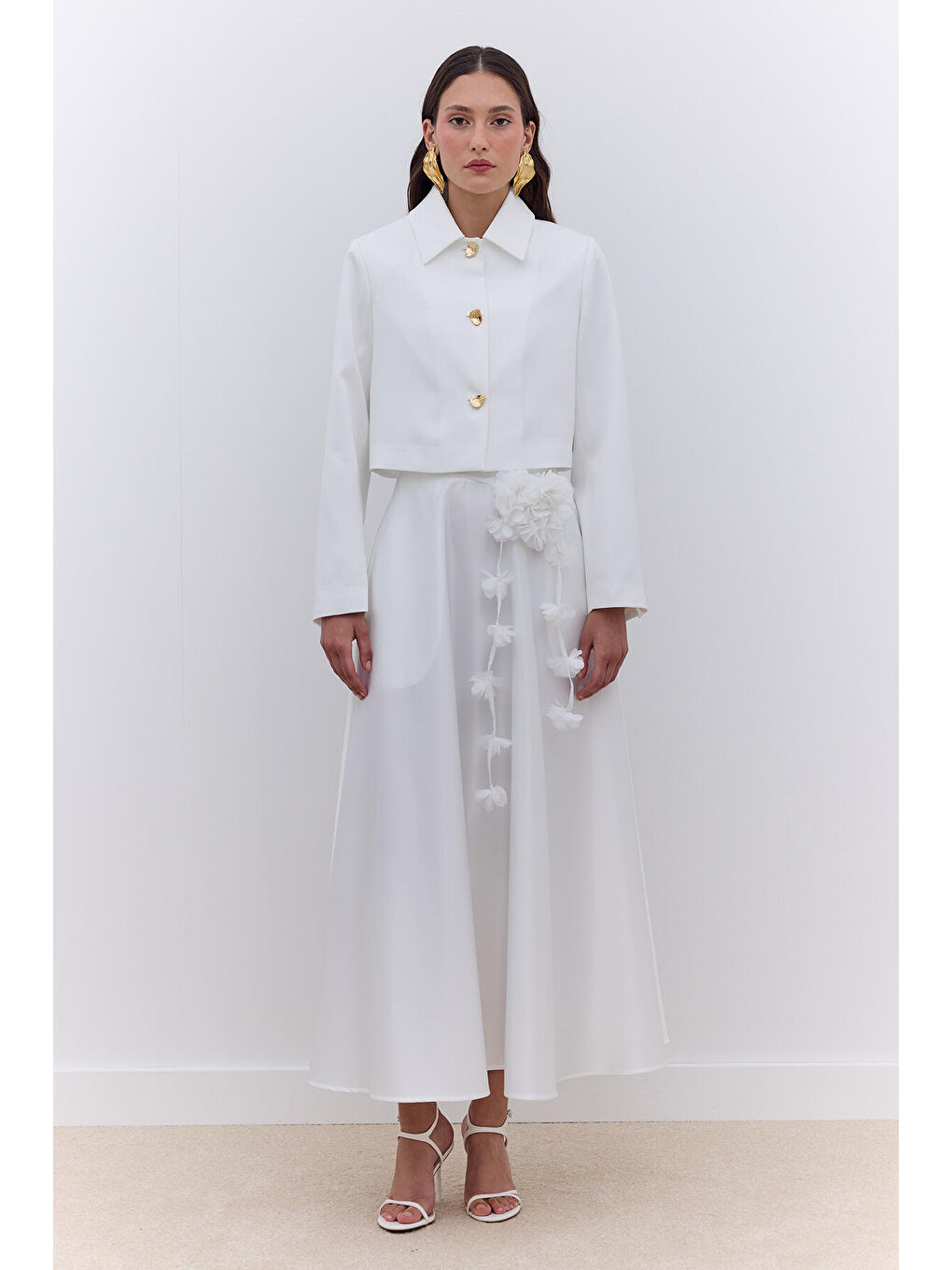 Saten Kloş Abiye Etek Ekru-1