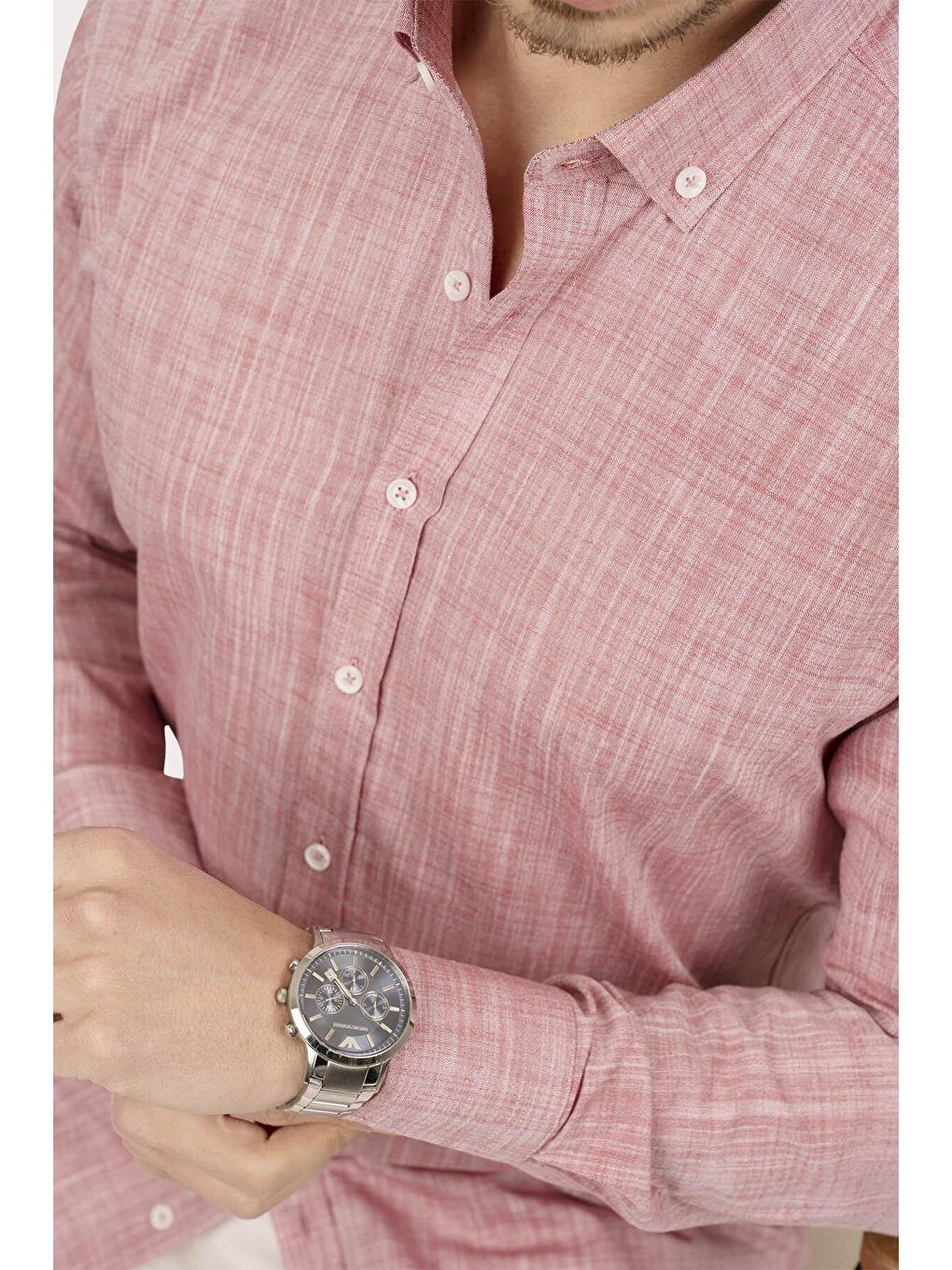 Kırmızı Açık Vişne Yaka Düğmeli Keten Slimfit Erkek Gömlek