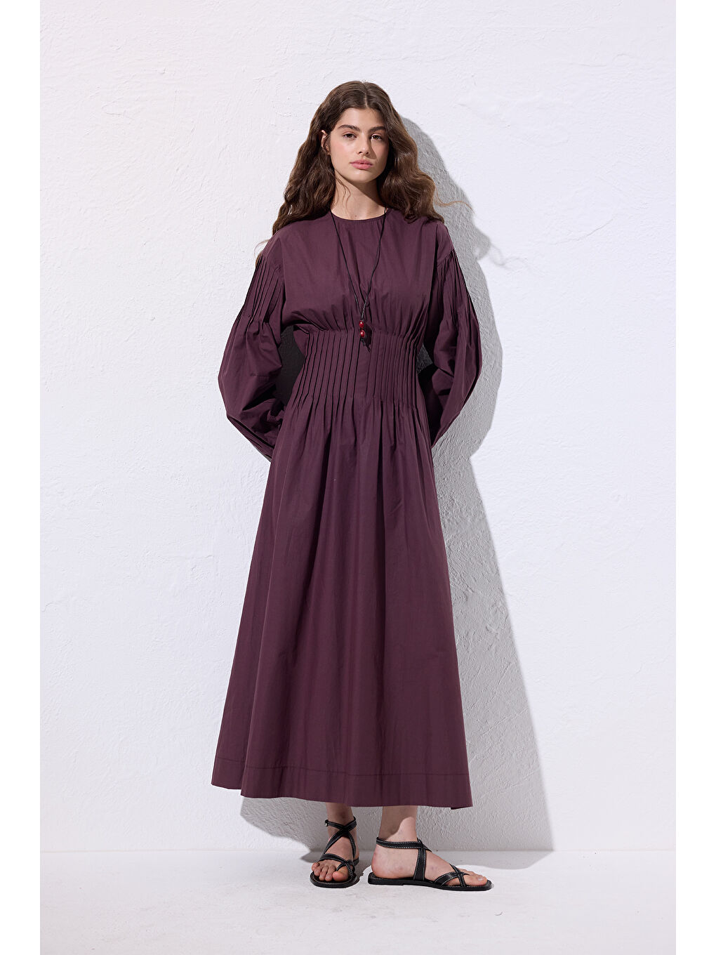 Beli Pile Detaylı Elbise Mürdüm-4