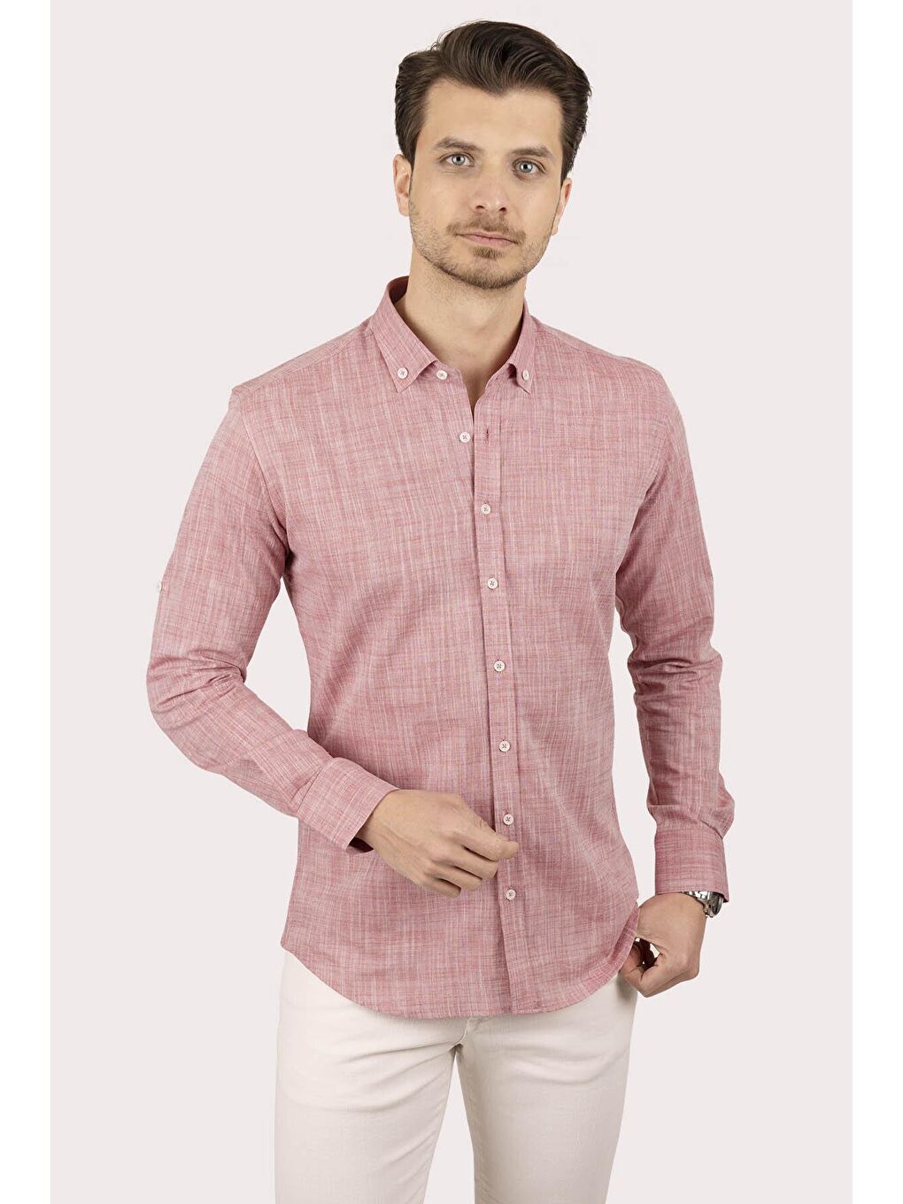 Kırmızı Açık Vişne Yaka Düğmeli Keten Slimfit Erkek Gömlek-1