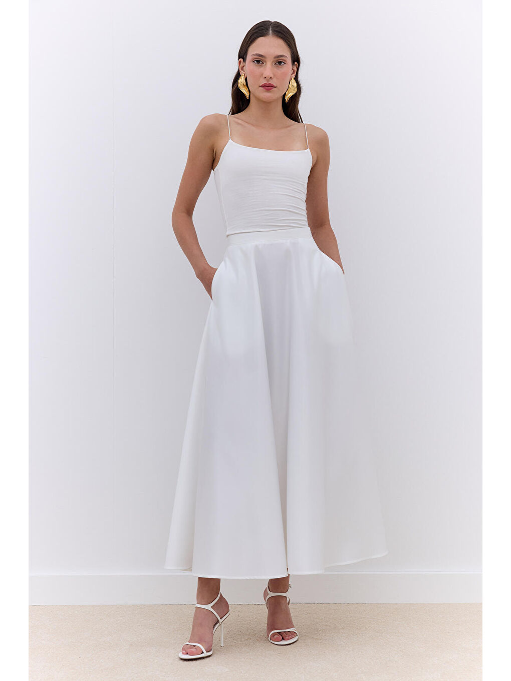 Saten Kloş Abiye Etek Ekru-2