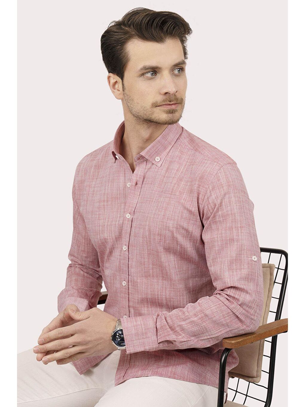 Kırmızı Açık Vişne Yaka Düğmeli Keten Slimfit Erkek Gömlek-4