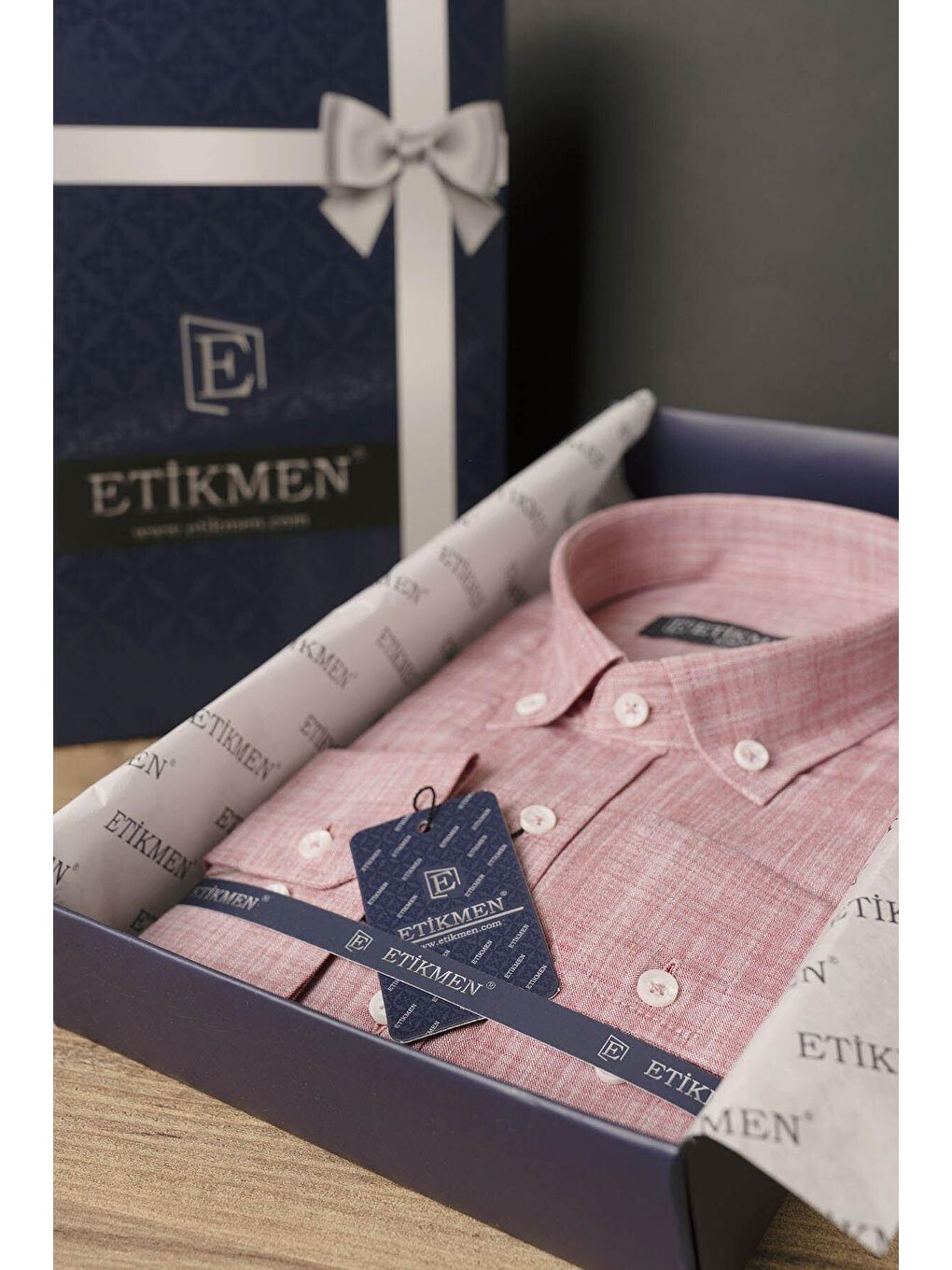 Kırmızı Açık Vişne Yaka Düğmeli Keten Slimfit Erkek Gömlek-6