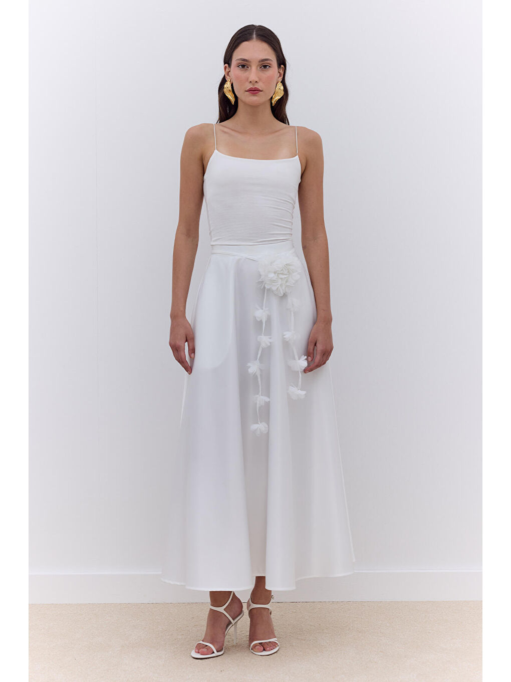 Saten Kloş Abiye Etek Ekru-3