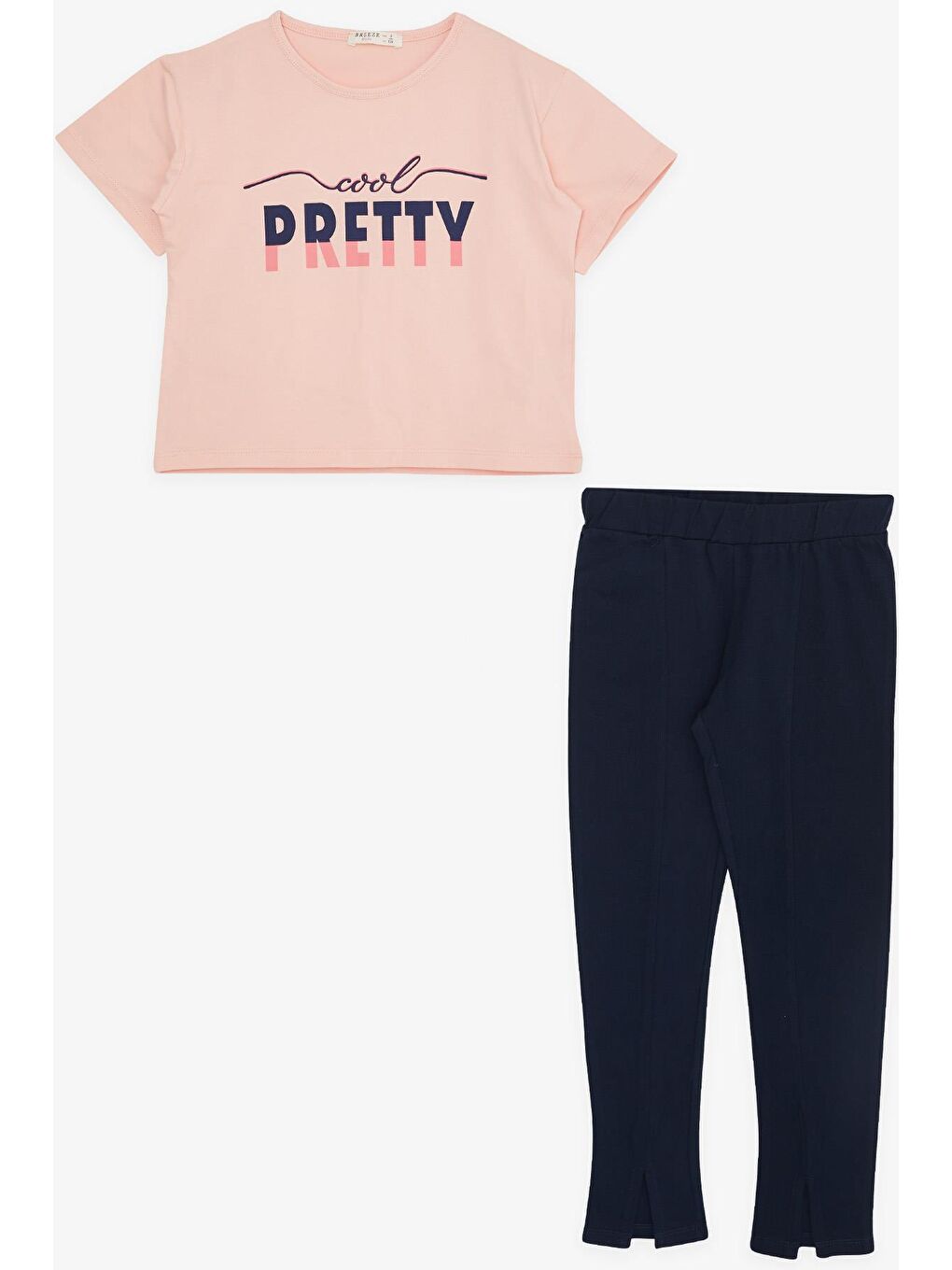 Pembe Kız Çocuk Taytlı Crop Takım Yazı Baskılı Paçası Yırtmaçlı Somon (5-9 Yaş)