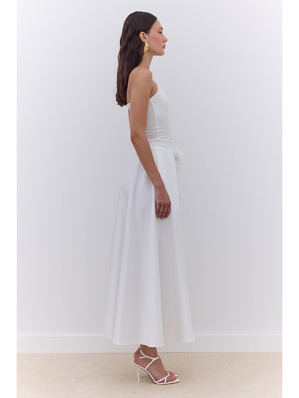 Saten Kloş Abiye Etek Ekru-4