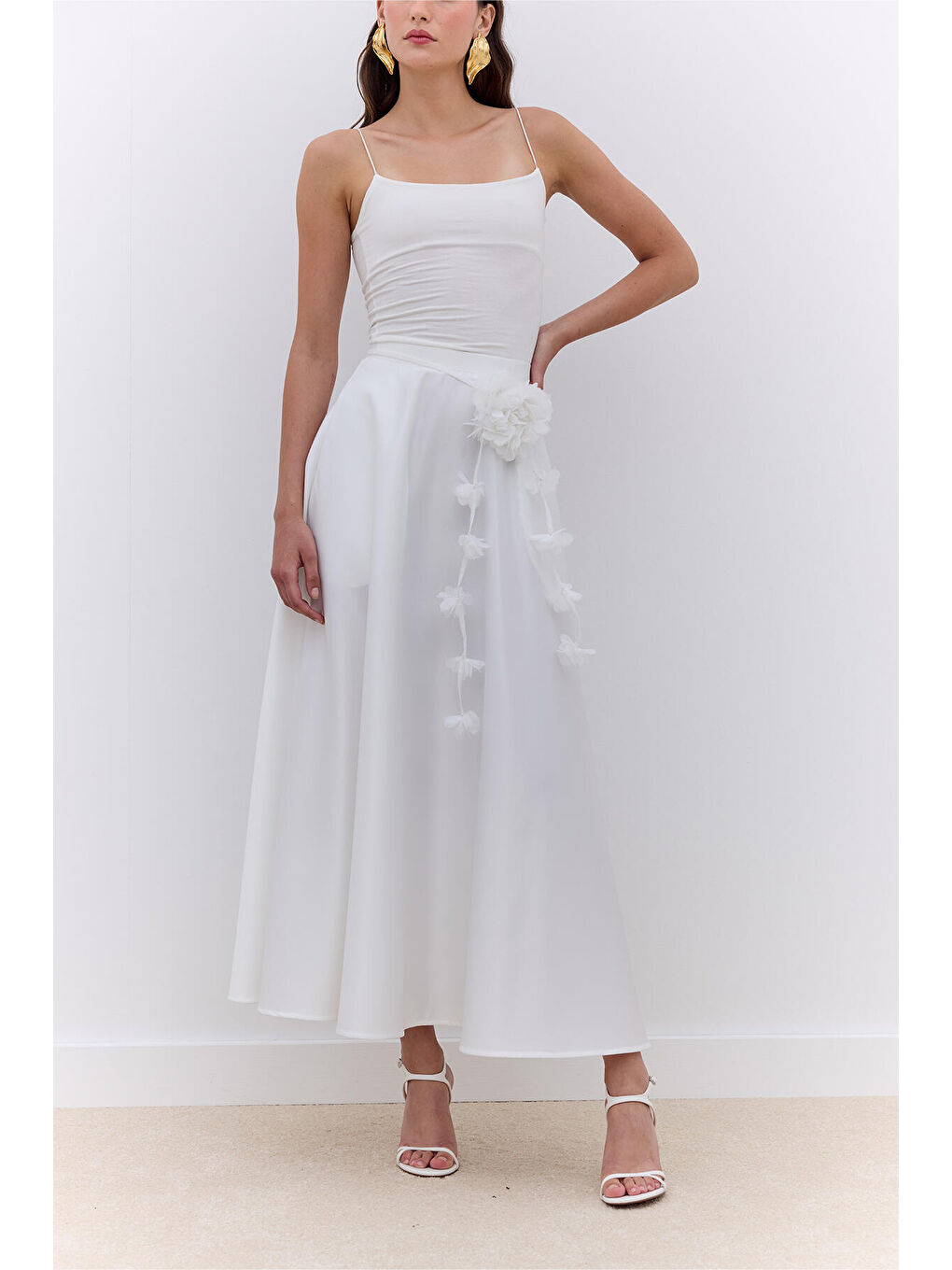 Saten Kloş Abiye Etek Ekru-5