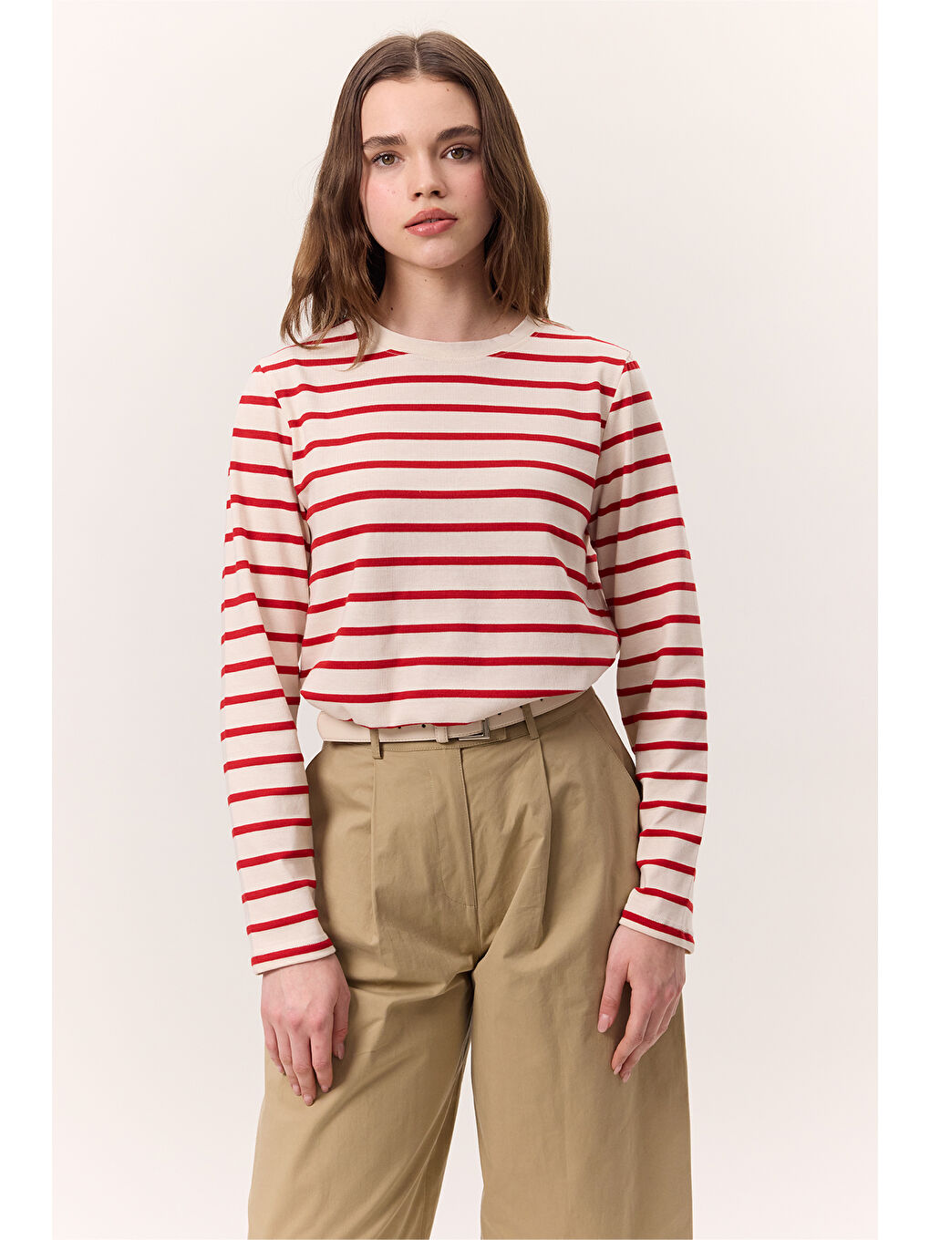 Çizgili Uzun Kol Regular Fit Tshırt Kırmızı-3