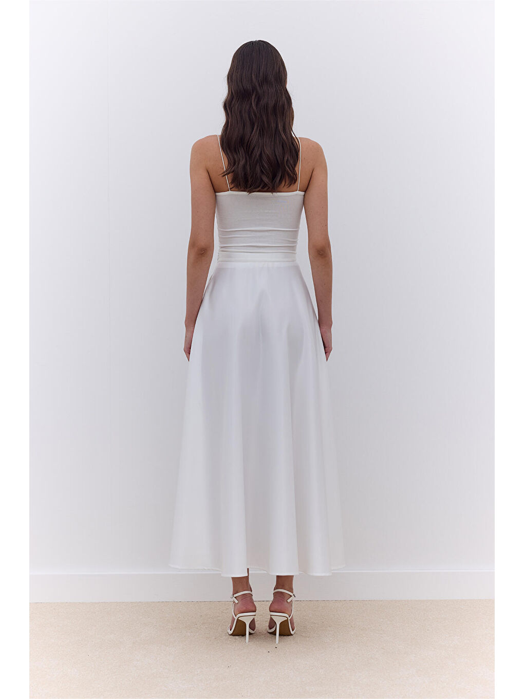 Saten Kloş Abiye Etek Ekru-6