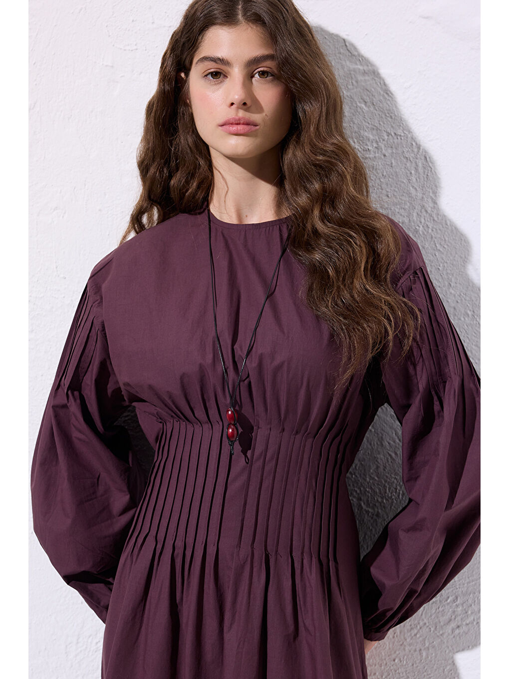 Beli Pile Detaylı Elbise Mürdüm-6