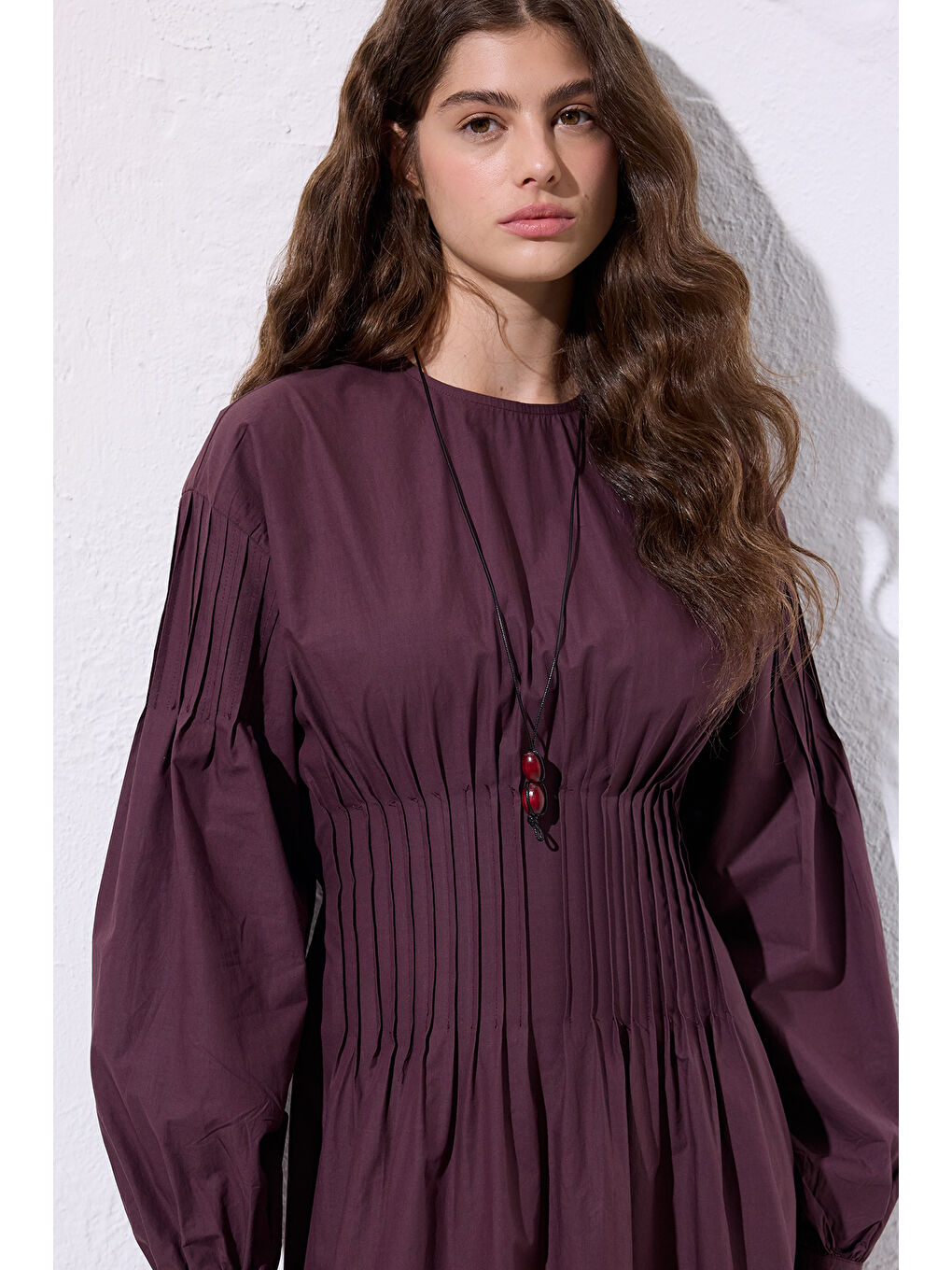 Beli Pile Detaylı Elbise Mürdüm-7