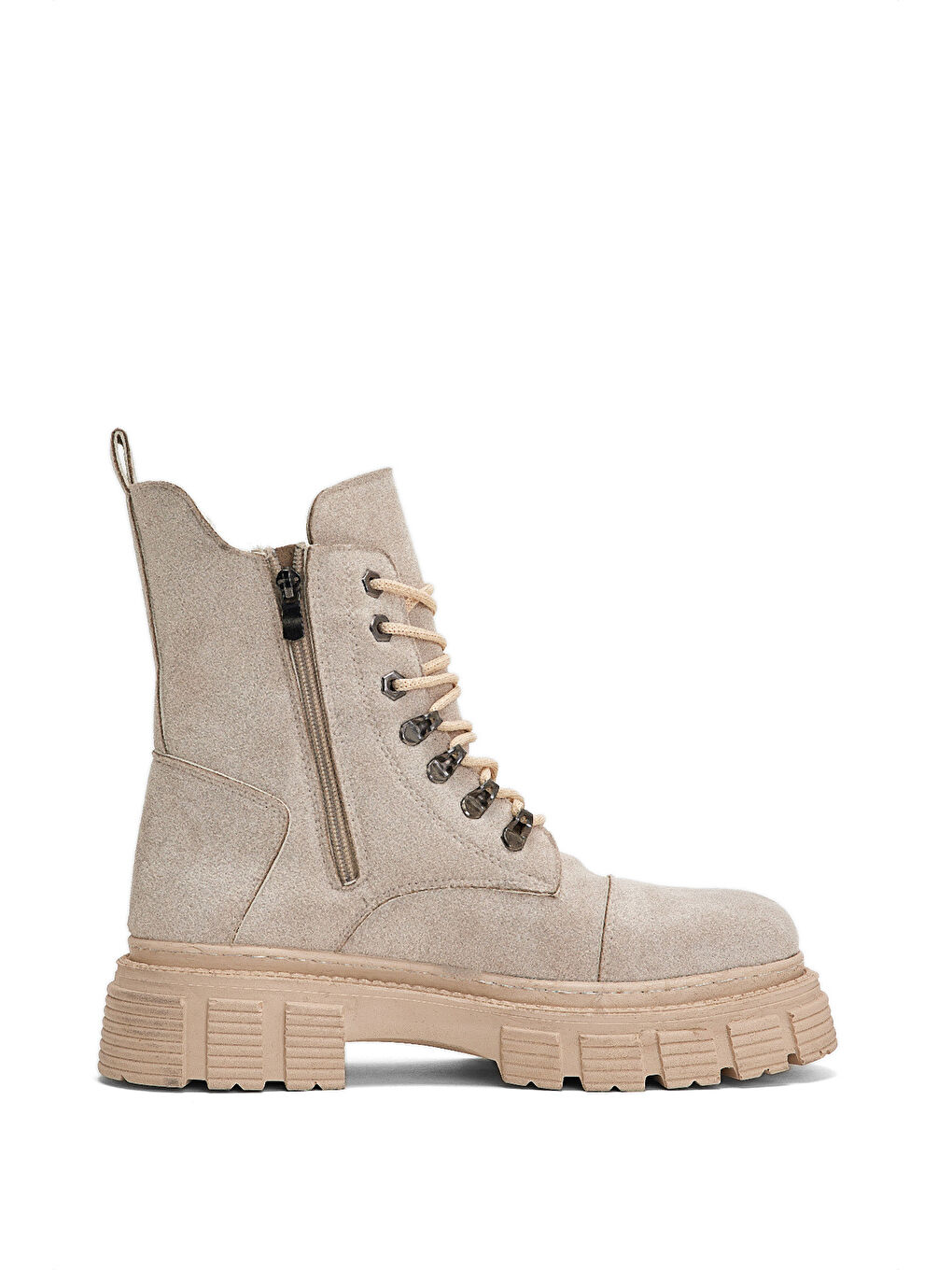 Bej Kadın Ten Süet Rahat Kalıp Yüksek Taban Tokalı Bağcıklı ve Fermuarlı Bot-1