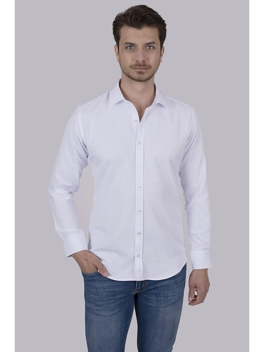 Beyaz Sedef Düğmeli Slimfit Erkek Gömlek-1