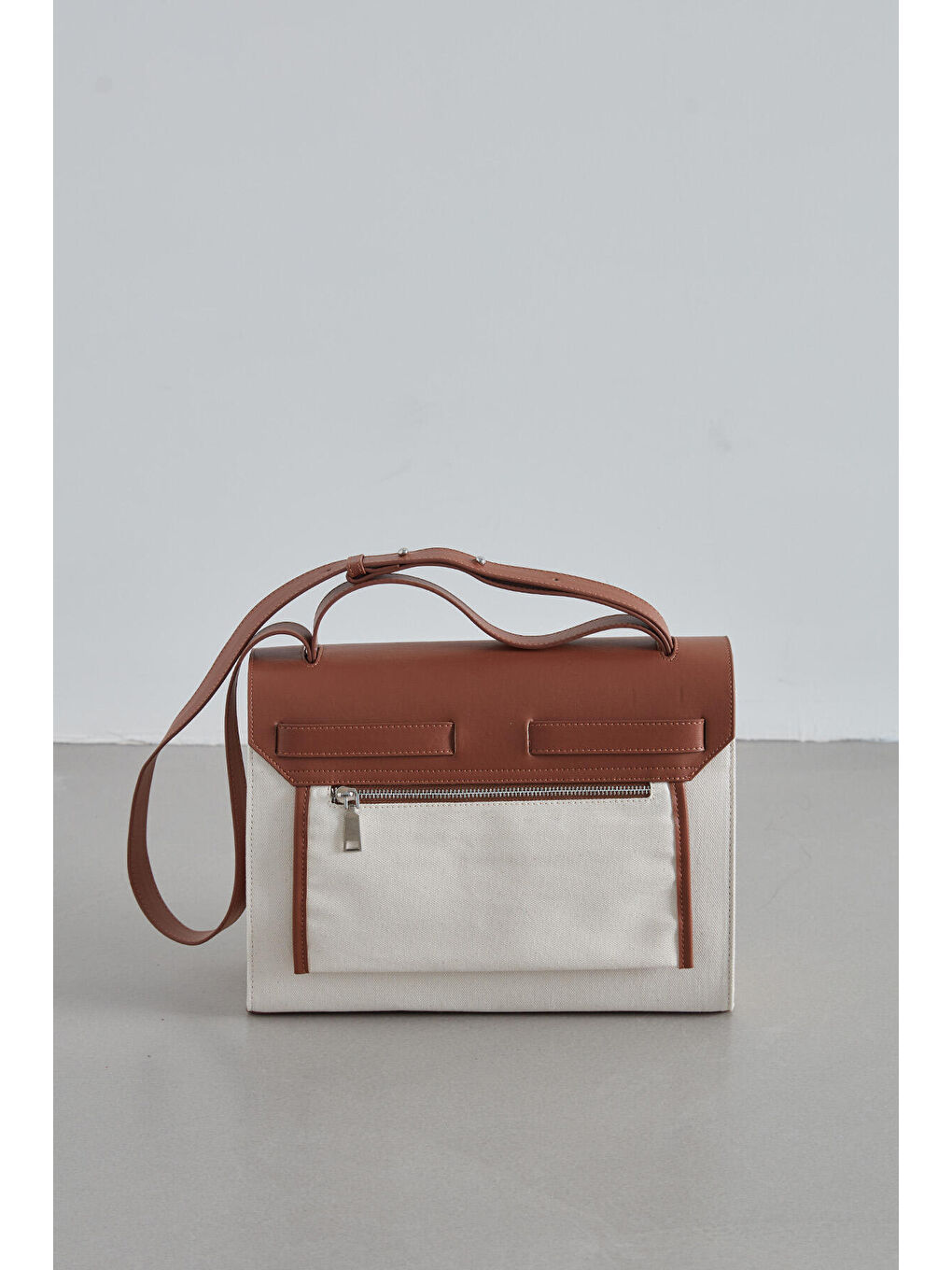 Bej Deri Detaylı Kanvas Çanta Natural-4