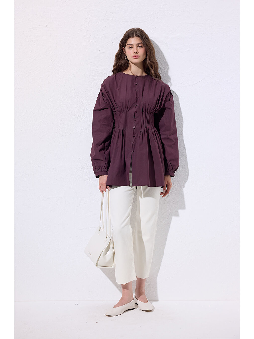 Beli Pile Detaylı Uzun Kol Bluz Mürdüm-1