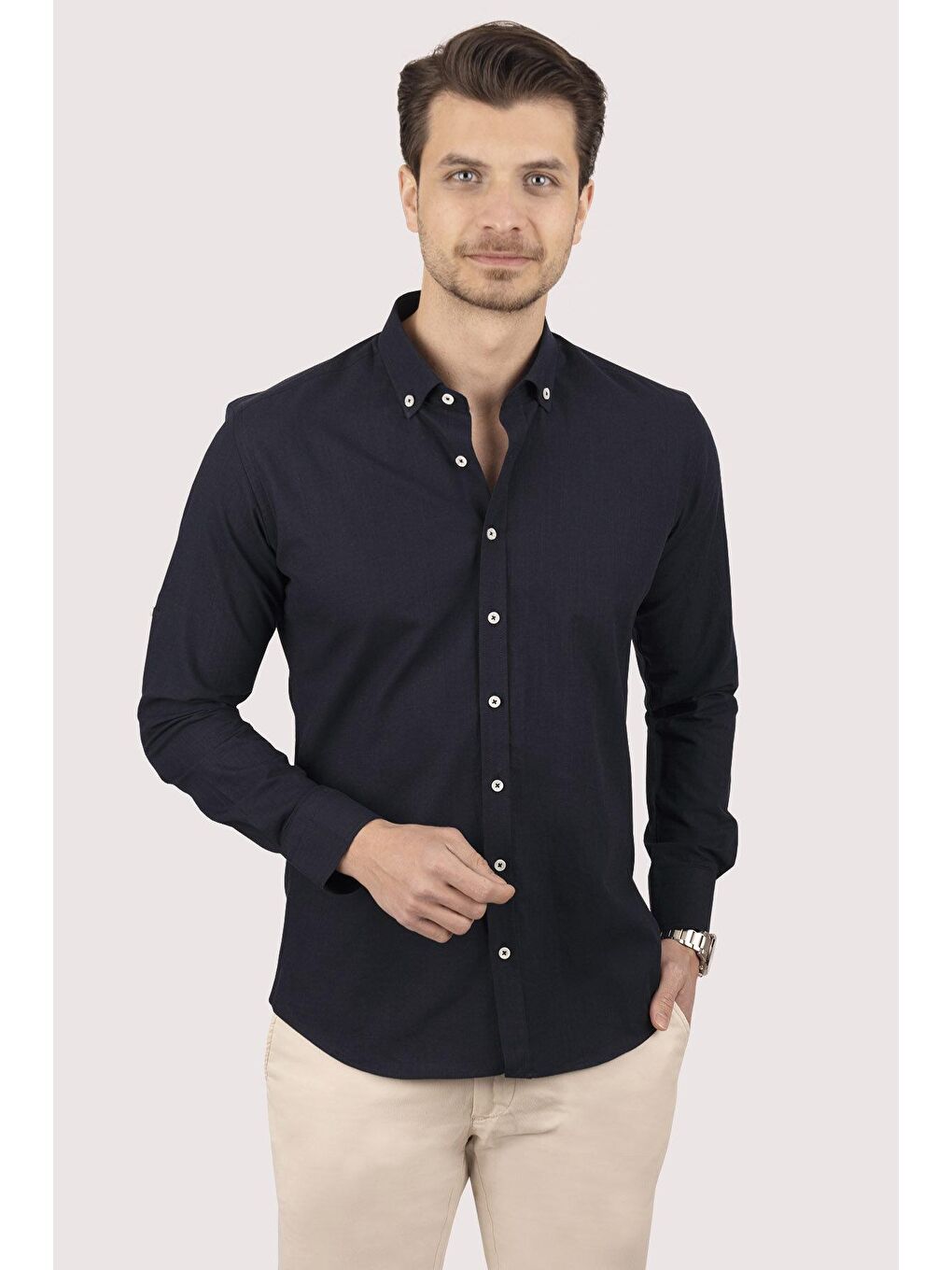 Lacivert Yaka Düğmeli Keten Slimfit Erkek Gömlek-1