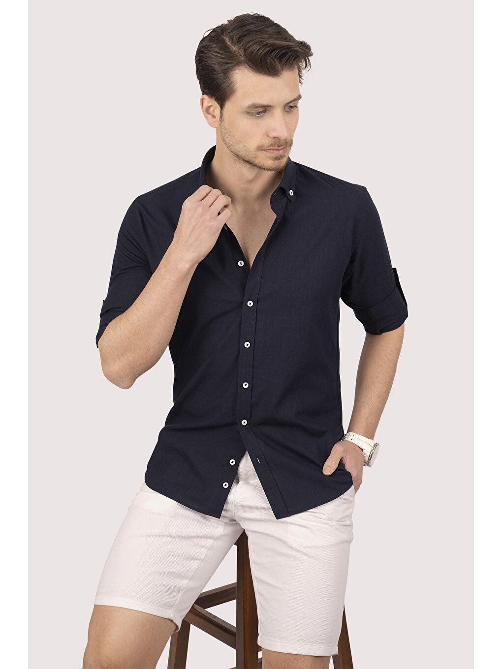 Lacivert Yaka Düğmeli Keten Slimfit Erkek Gömlek-2