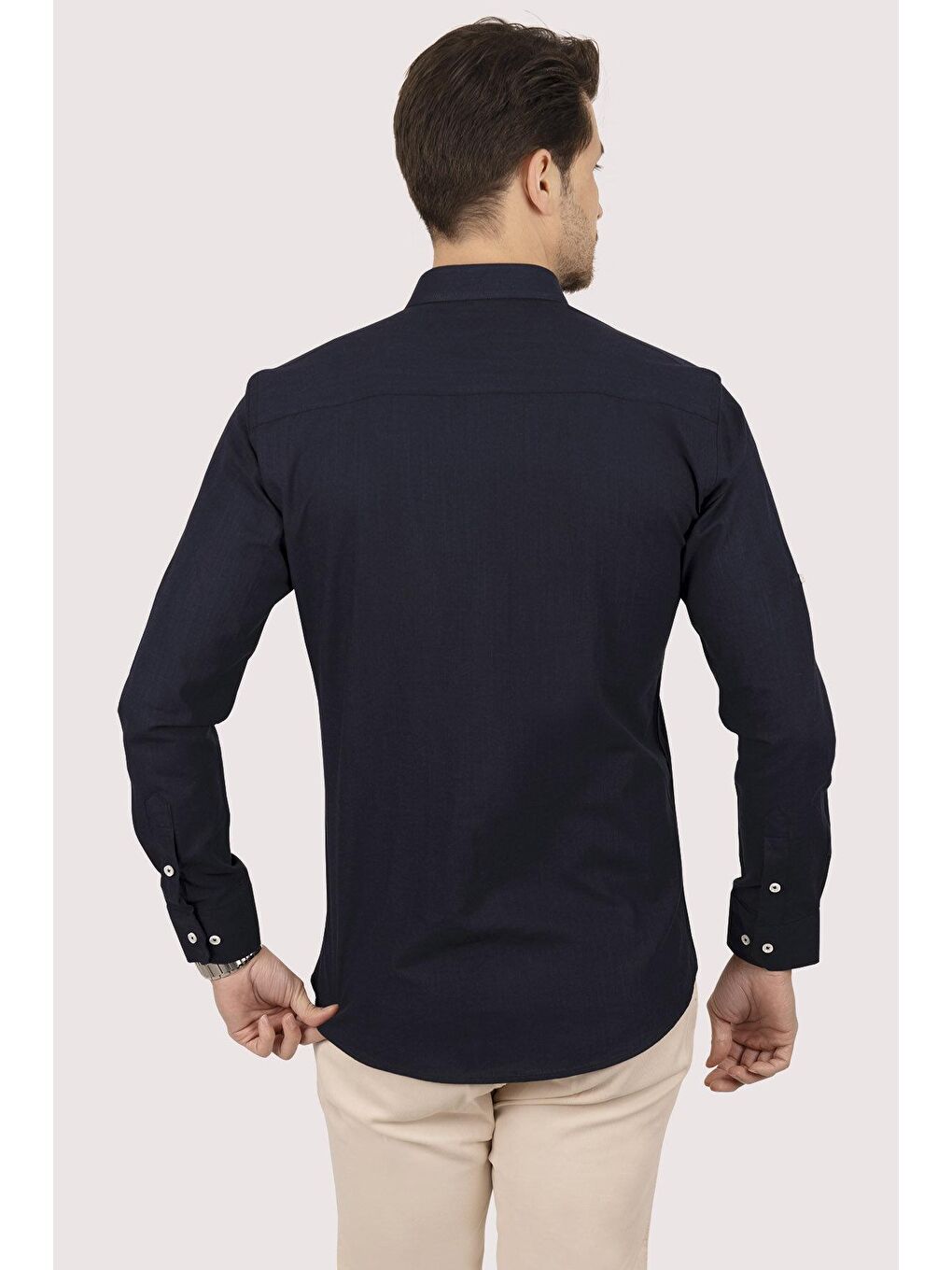 Lacivert Yaka Düğmeli Keten Slimfit Erkek Gömlek-5