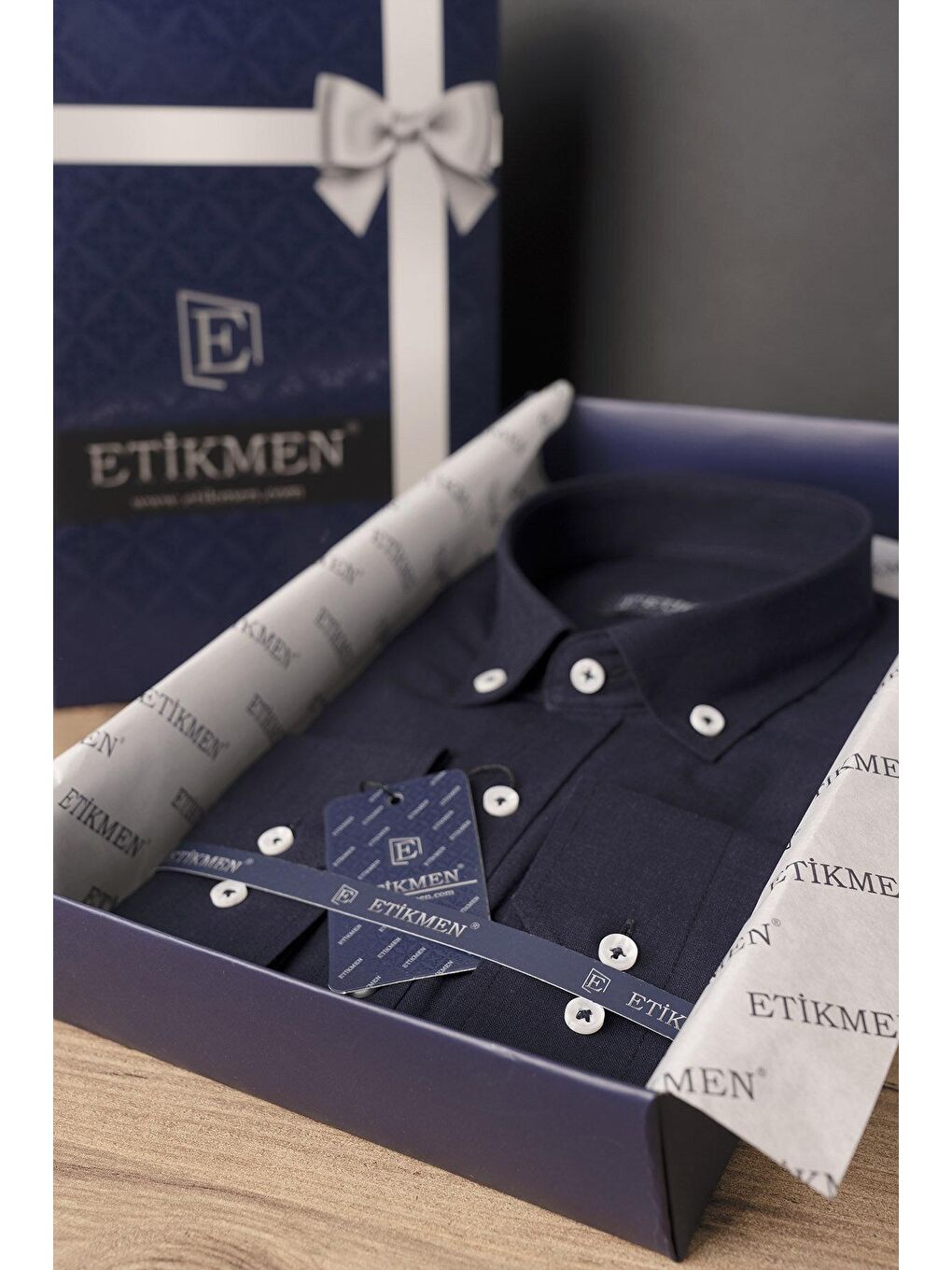 Lacivert Yaka Düğmeli Keten Slimfit Erkek Gömlek-6