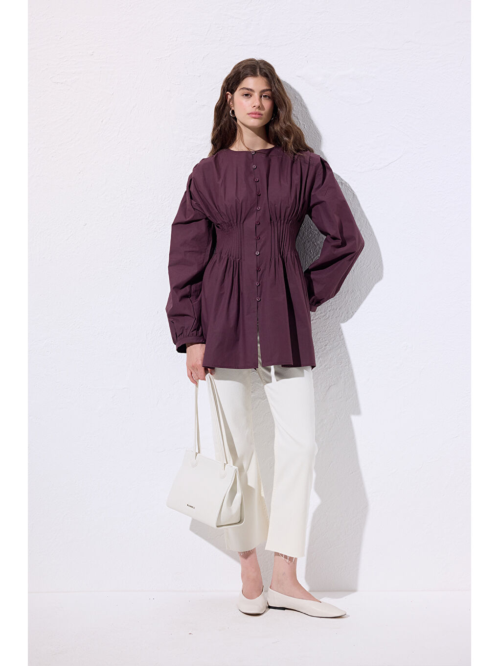 Beli Pile Detaylı Uzun Kol Bluz Mürdüm-2