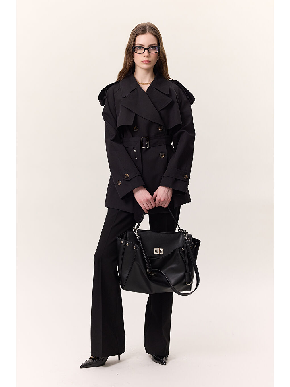 Kruvaze Kesim Kısa Trençkot Siyah-5