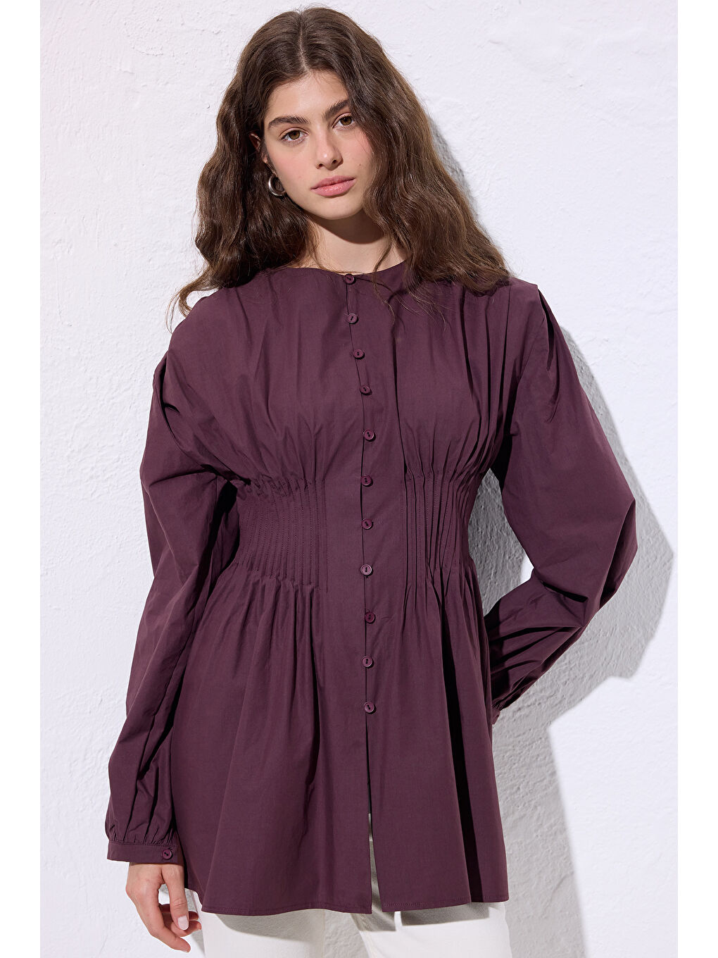 Beli Pile Detaylı Uzun Kol Bluz Mürdüm-3