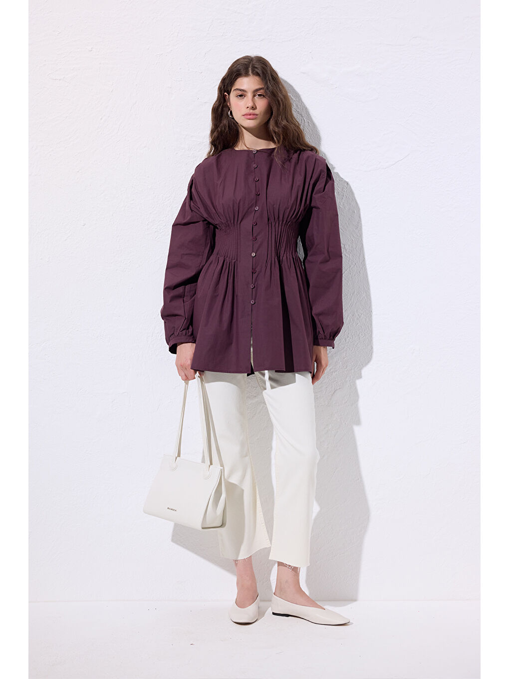 Beli Pile Detaylı Uzun Kol Bluz Mürdüm-4