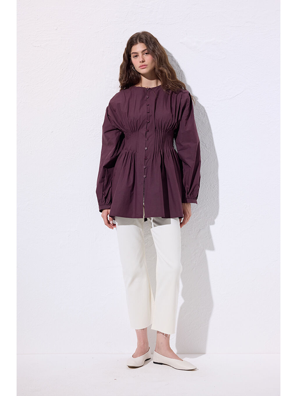 Beli Pile Detaylı Uzun Kol Bluz Mürdüm-5